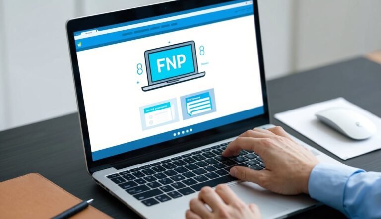 Person typing on laptop with FNP logo on screen, mouse, and notepad