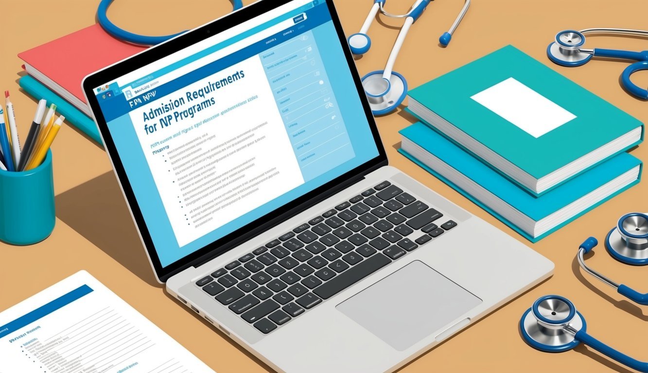 A laptop open to a webpage listing admission requirements for FNP programs, surrounded by study materials and a stethoscope