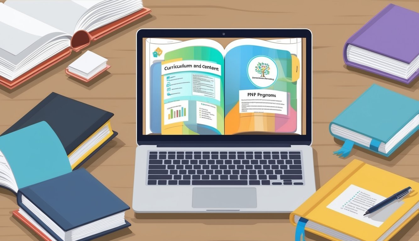 An open laptop displaying a curriculum and academic content for FNP programs, surrounded by books and study materials
