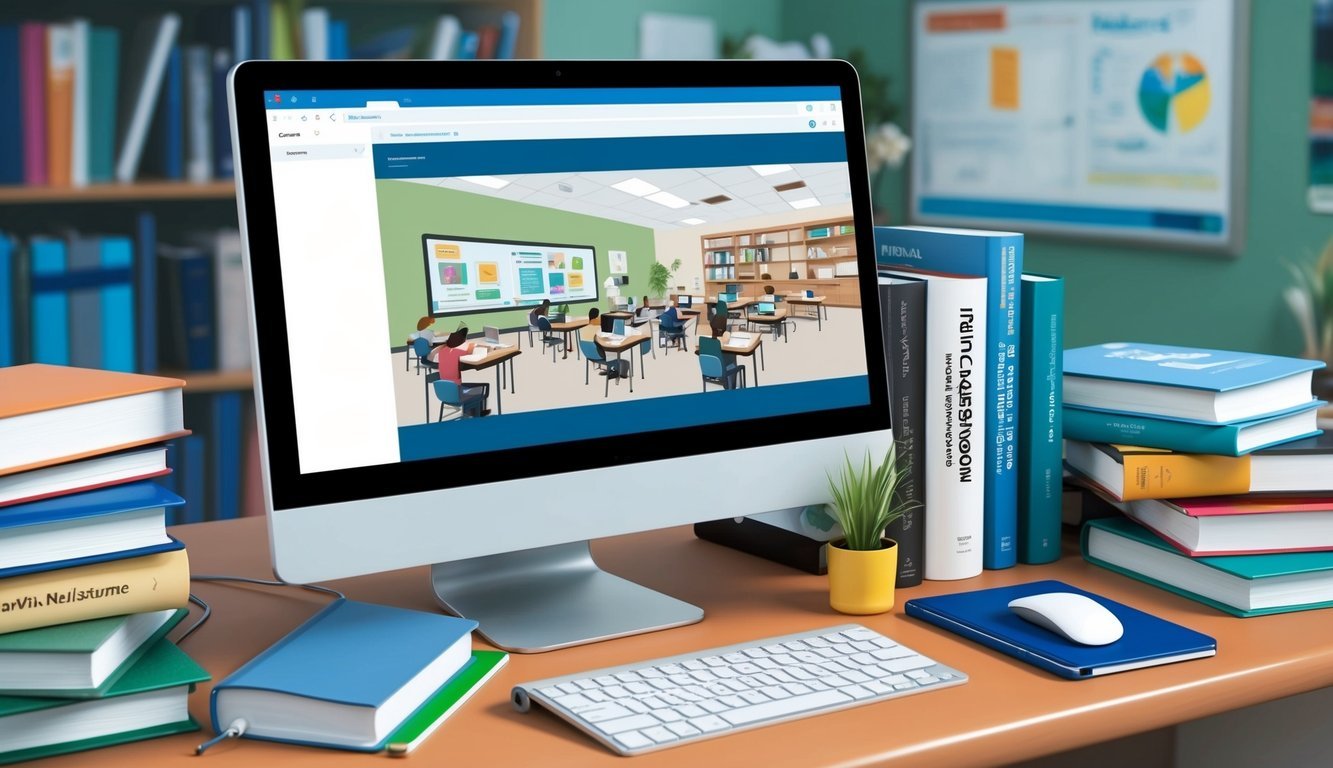 A computer with an open web browser displaying a virtual classroom environment, surrounded by textbooks and medical reference materials