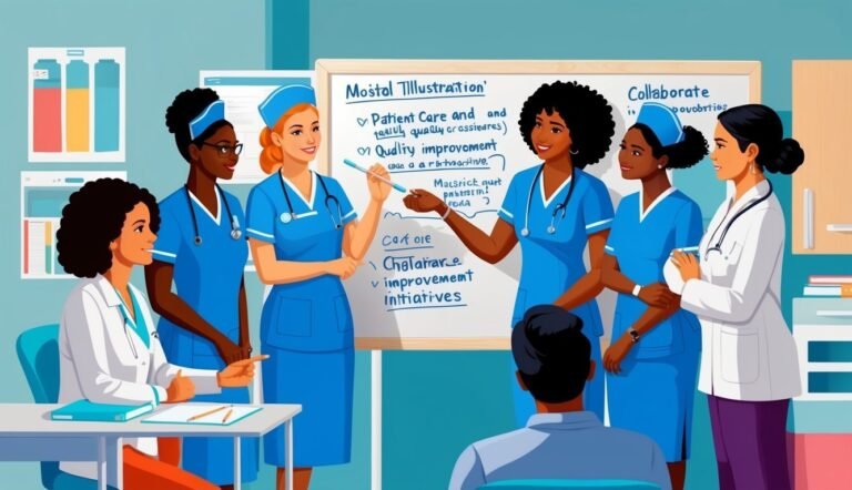 Group of diverse nurses in blue scrubs discussing a whiteboard with notes