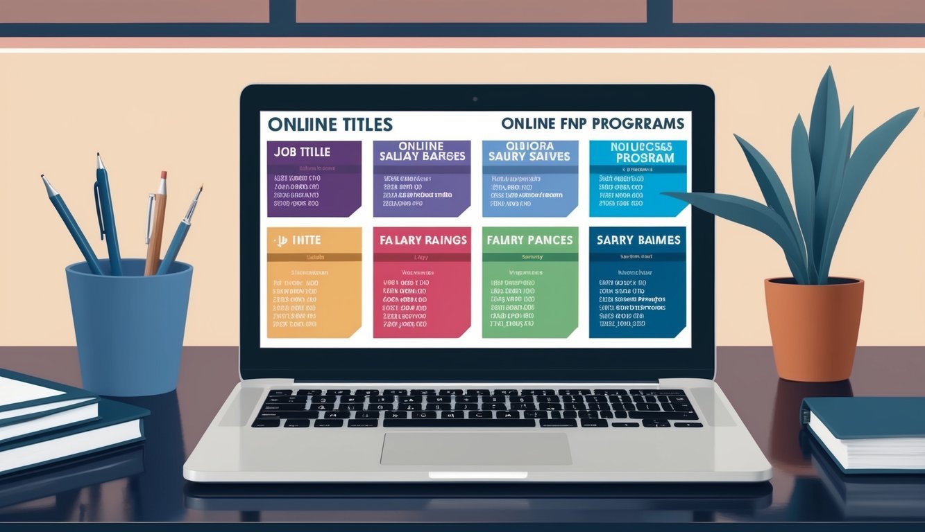 A laptop displaying various job titles and salary ranges for online FNP programs