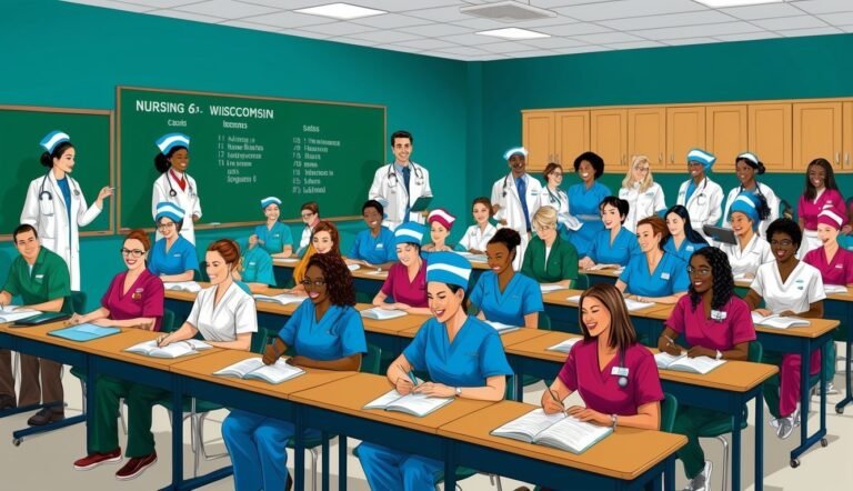 Nursing students in a classroom with instructors, taking notes, and studying
