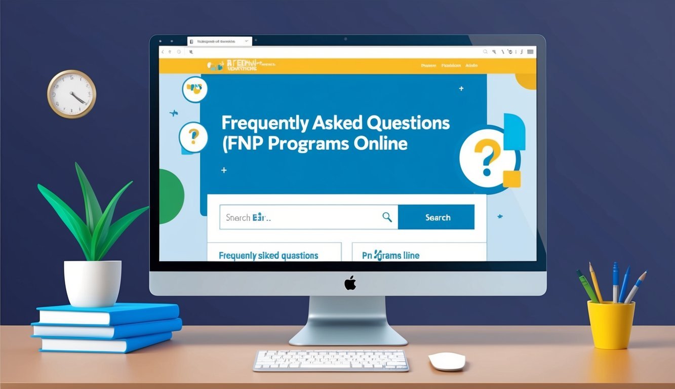 A computer screen displaying a webpage titled "Frequently Asked Questions fnp programs online" with a search bar and various links
