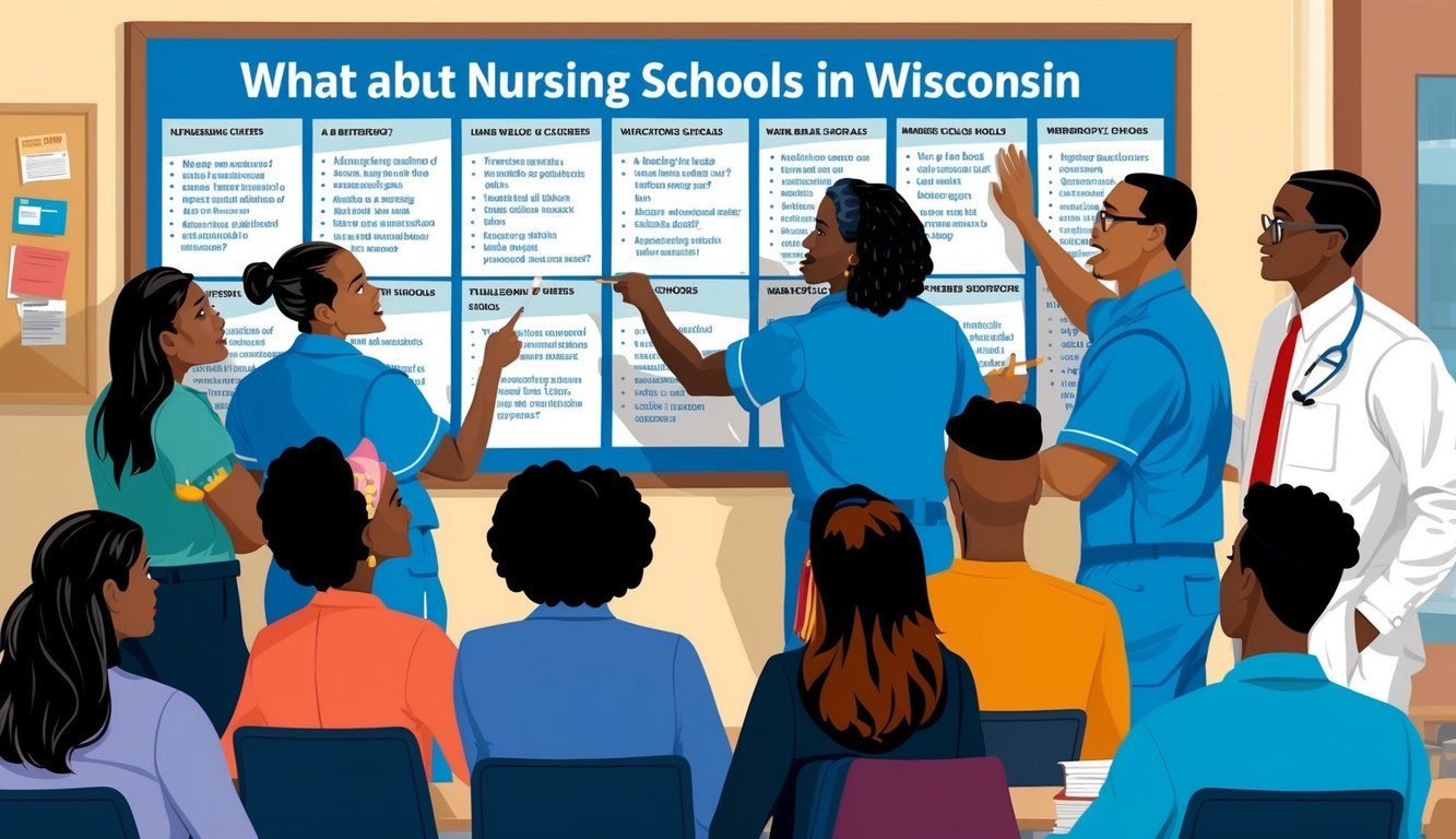 A group of students and instructors gather around a bulletin board filled with questions about nursing schools in Wisconsin