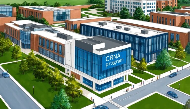 Illustration of a campus building with "CRNA program" sign on it