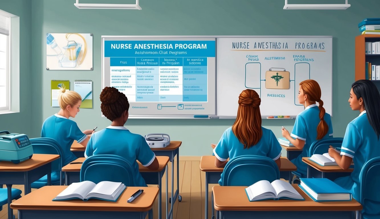 A classroom setting with medical equipment, textbooks, and a whiteboard displaying information on Nurse Anesthesia Programs