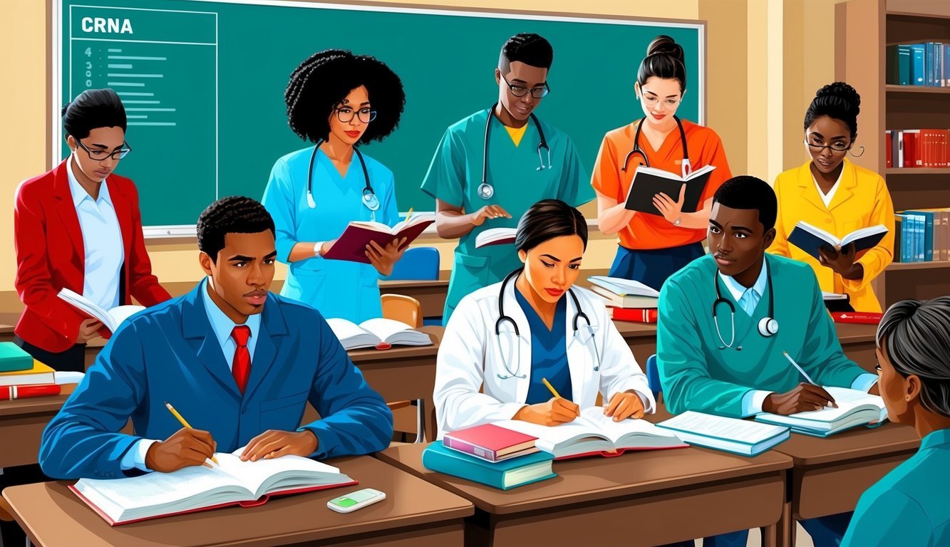 A group of CRNA students studying in a classroom with textbooks and medical equipment