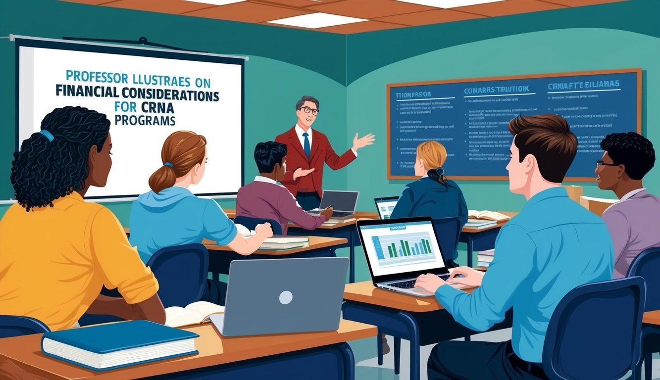 A group of students studying in a classroom with textbooks and laptops, while a professor lectures on financial considerations for CRNA programs
