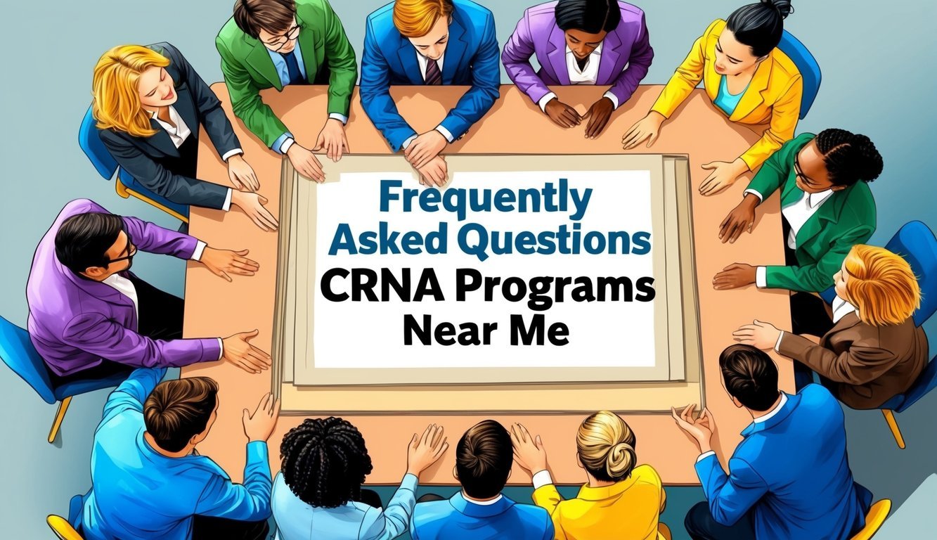 A group of people gathered around a sign with "Frequently Asked Questions CRNA Programs Near Me" displayed prominently