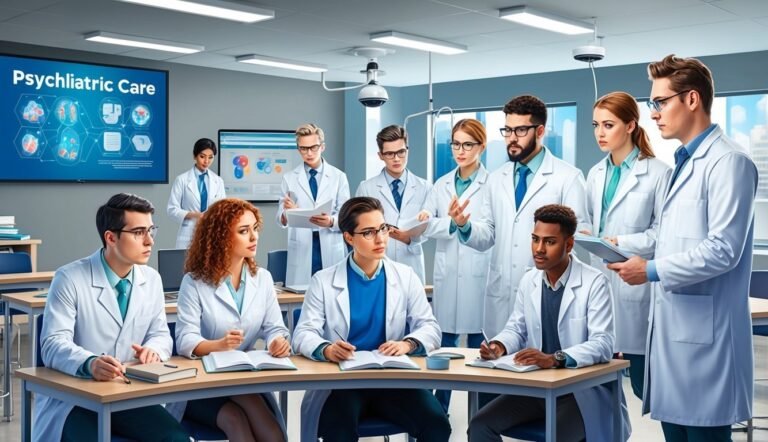 Group of doctors in white coats in a psychiatric care meeting