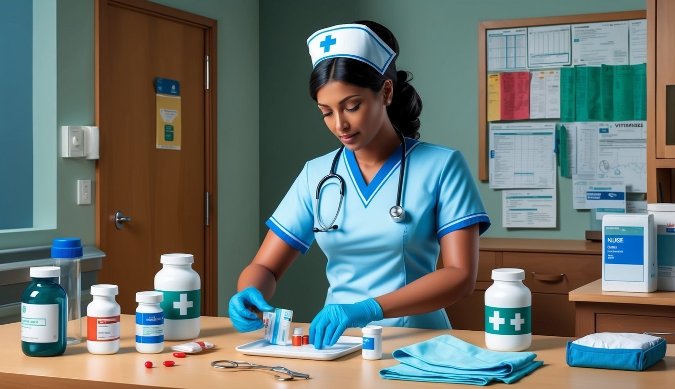 Nurse in blue scrubs preparing medication on a counter with supplies