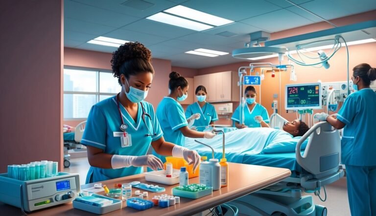 Nurses attending to a patient in a hospital room with medical equipment