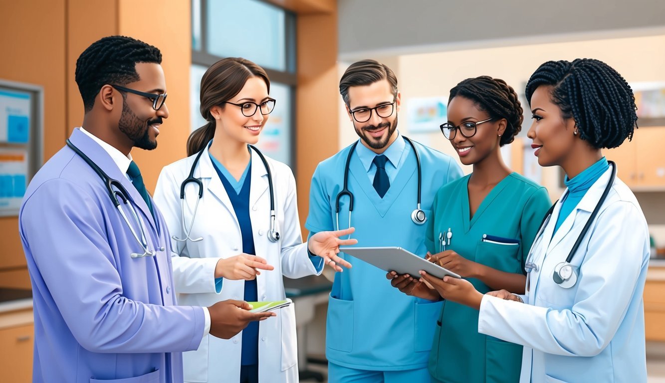 A group of healthcare professionals collaborating in a hospital setting, discussing patient care and sharing information