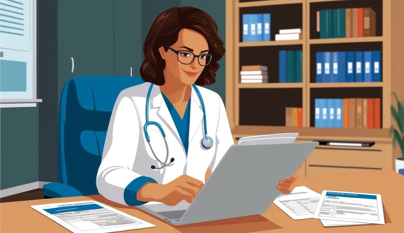 A nurse reviewing regulatory documents while attending an online continuing education course