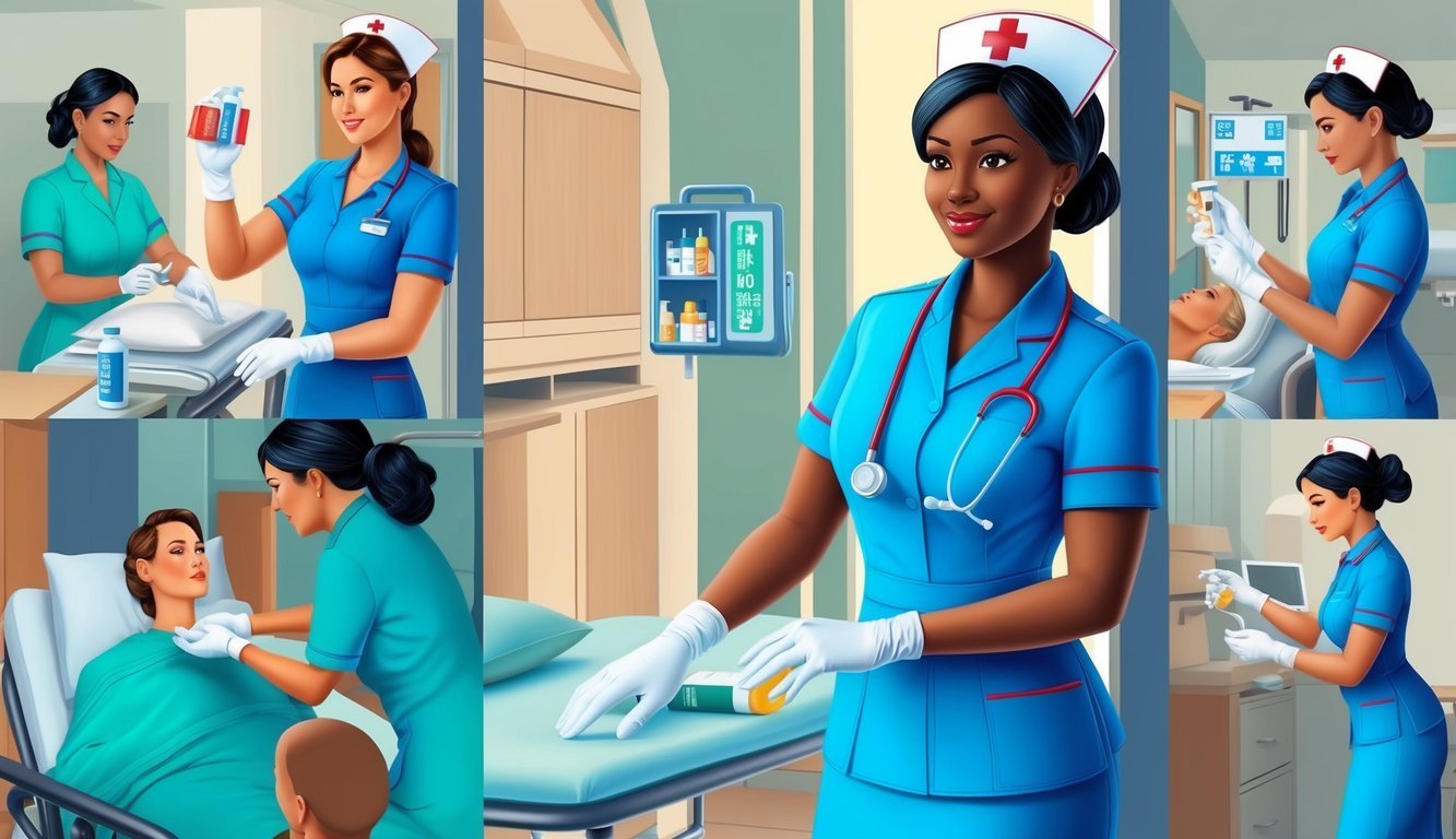 A nurse in uniform performing various tasks, such as administering medication, taking vital signs, and providing patient care in a medical setting