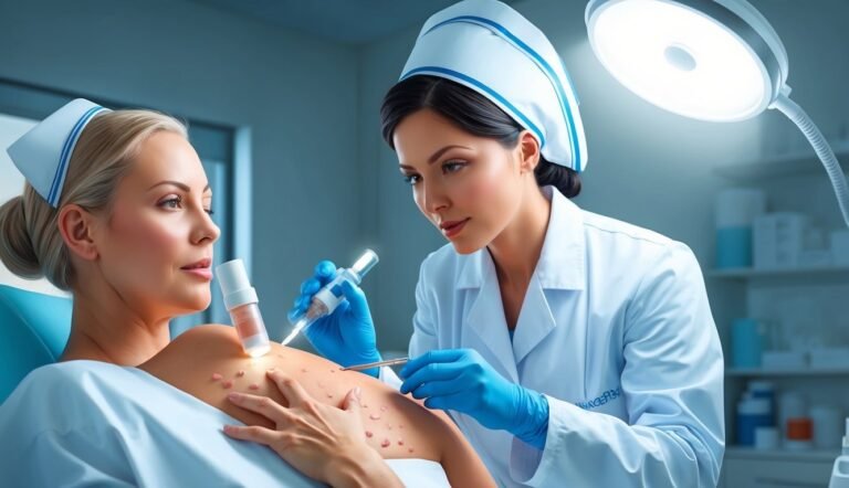 Nurse examining a patient's skin with a medical tool and syringe