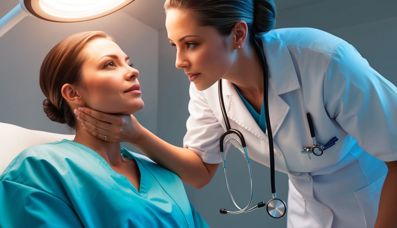 Doctor examining a patient's neck under bright surgical lighting