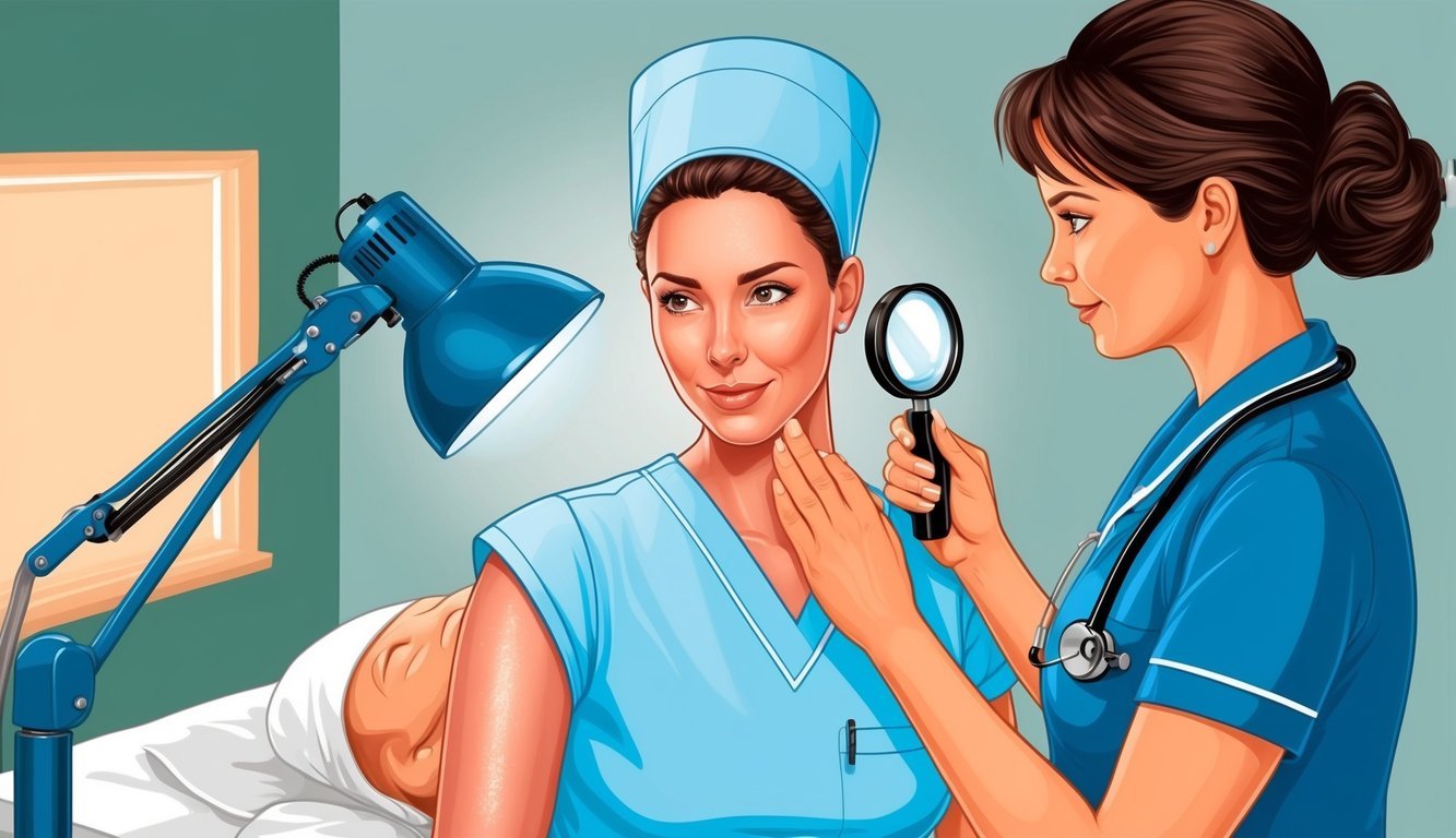 A dermatology nurse practitioner examining a patient's skin under a magnifying lamp in a clinical setting