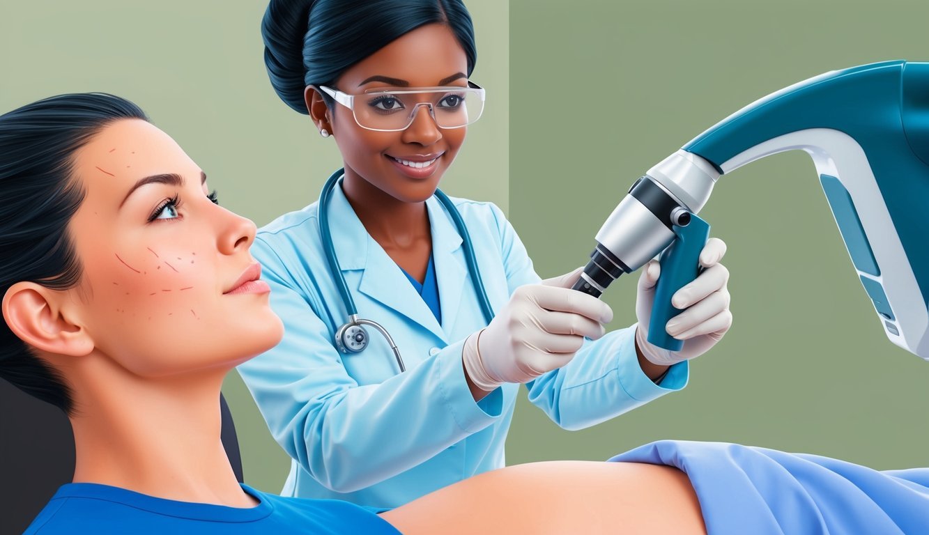 A dermatology nurse practitioner examining a patient's skin with a dermatoscope