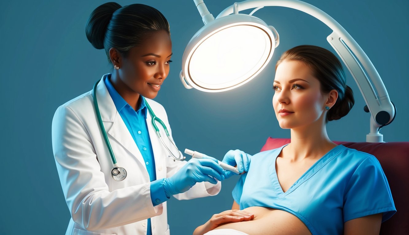 A dermatology nurse practitioner examining a patient's skin under a bright examination light