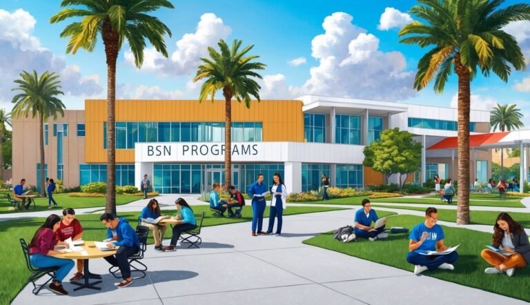 Students studying outside a BSN programs building with palm trees