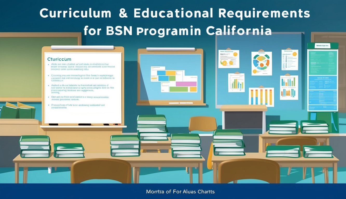 A classroom setting with a whiteboard and textbooks, surrounded by educational materials and charts, representing curriculum and educational requirements for BSN programs in California