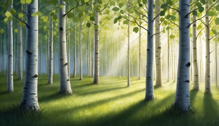 Birch trees in a sunlit forest with green grass and dappled light