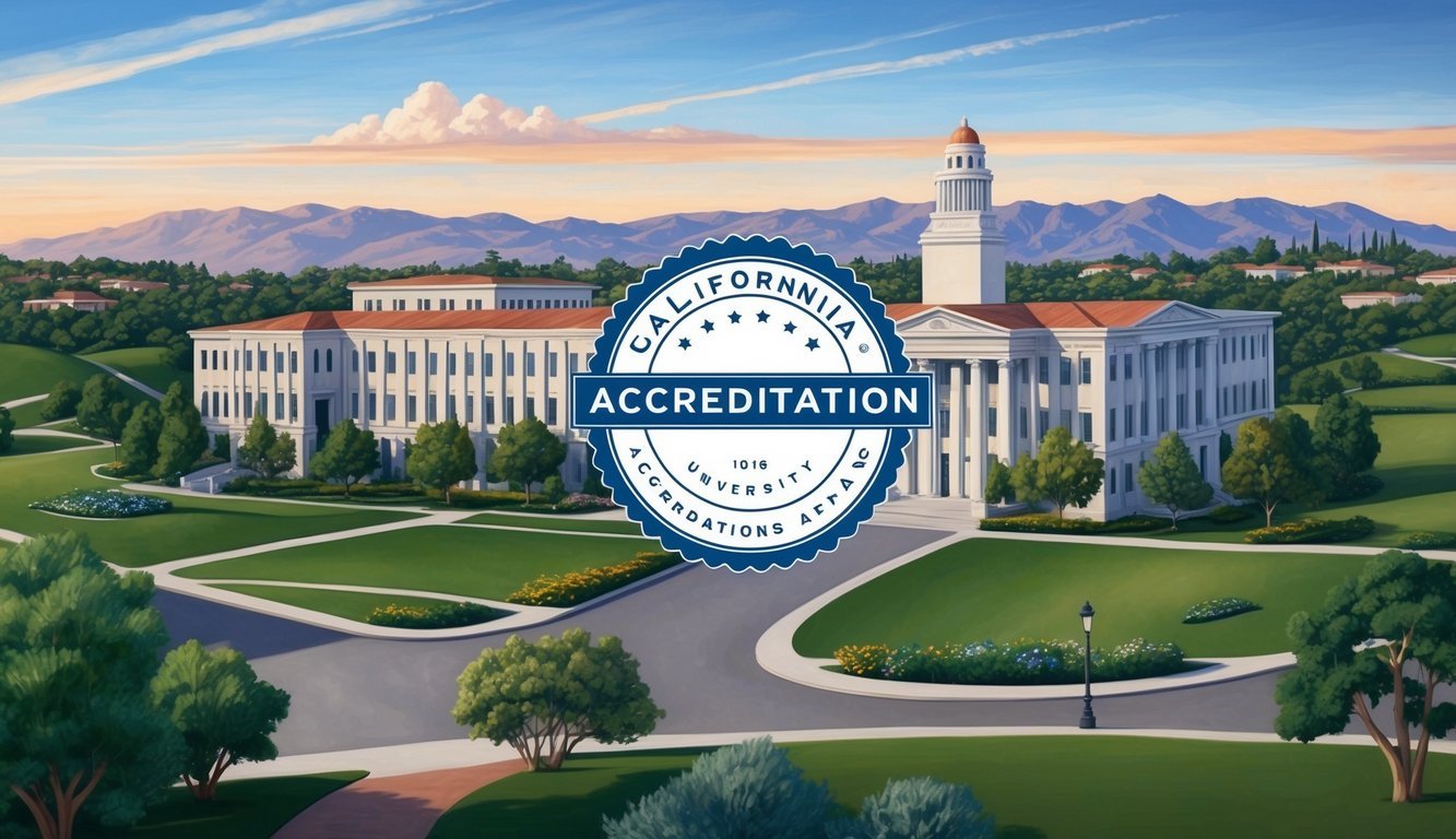 A California landscape with a university building and a prominent accreditation seal displayed
