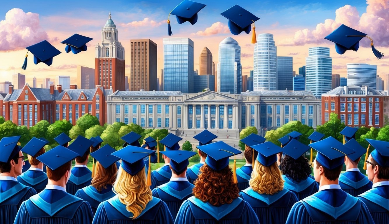 A bustling city skyline with university buildings and students in graduation caps