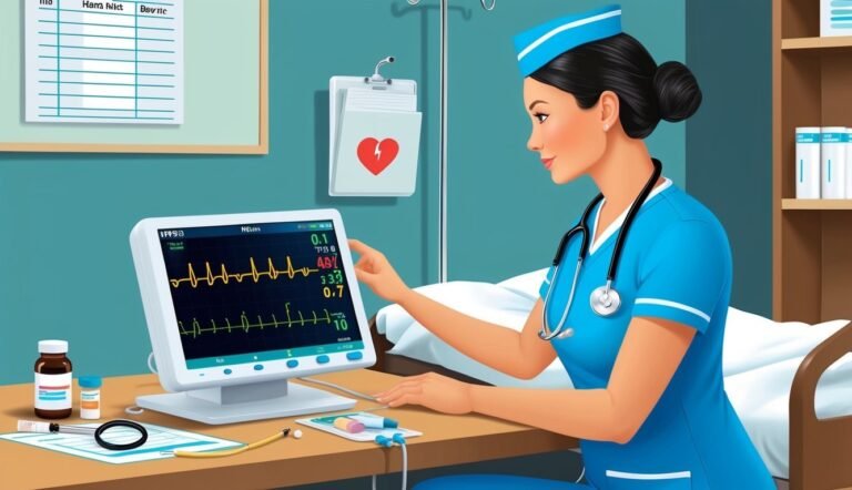 Nurse in blue uniform examines a patient monitor in a hospital room