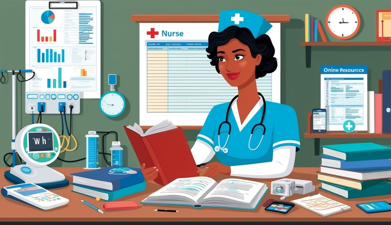 A cardiac nurse studying textbooks and online resources, surrounded by medical equipment and charts