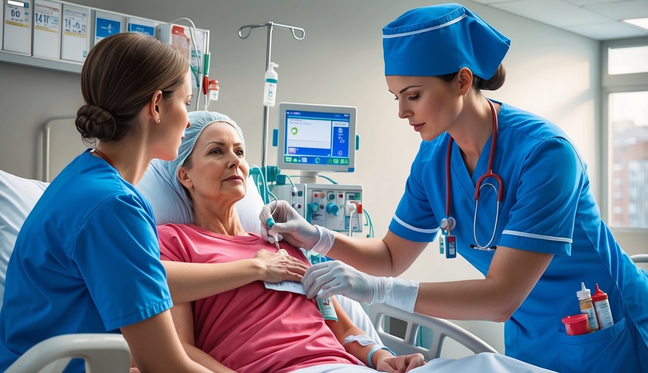 A cardiac nurse in a hospital setting, monitoring vital signs and administering medication to patients