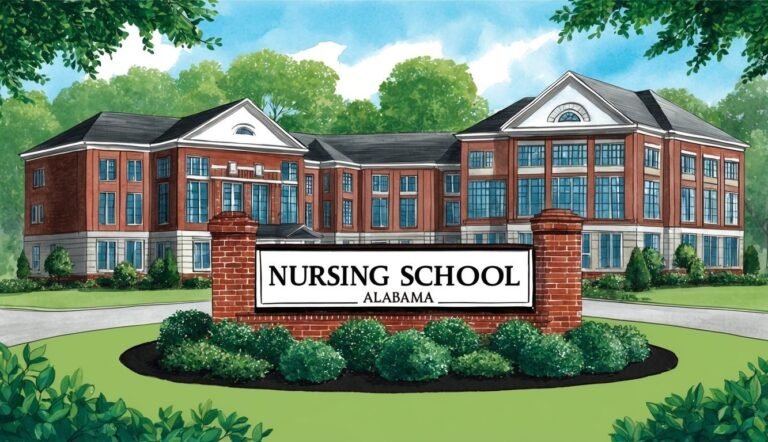 Watercolor illustration of a Nursing School building with a sign
