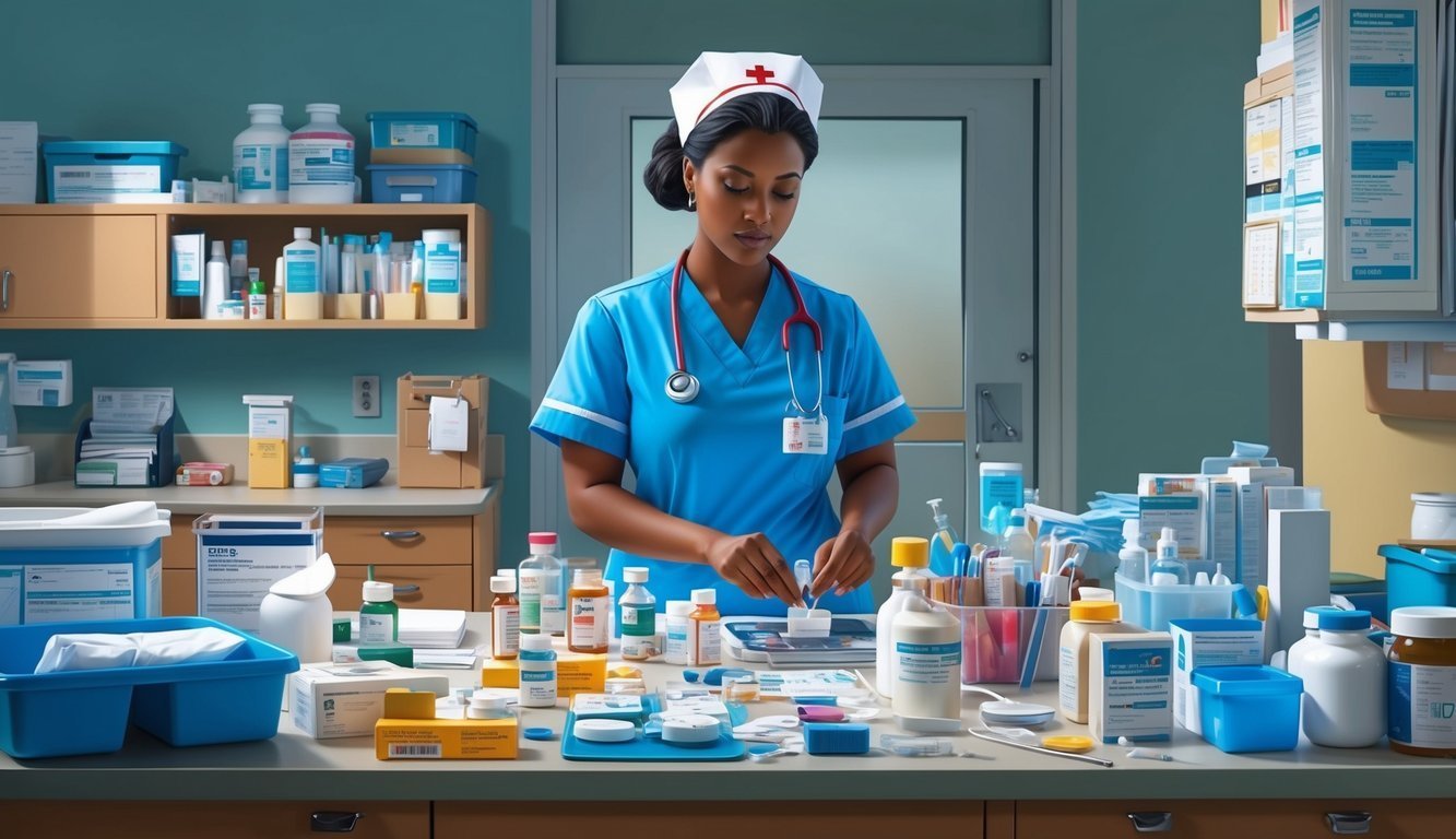 Nurse in blue scrubs prepares medication in a medical supply room