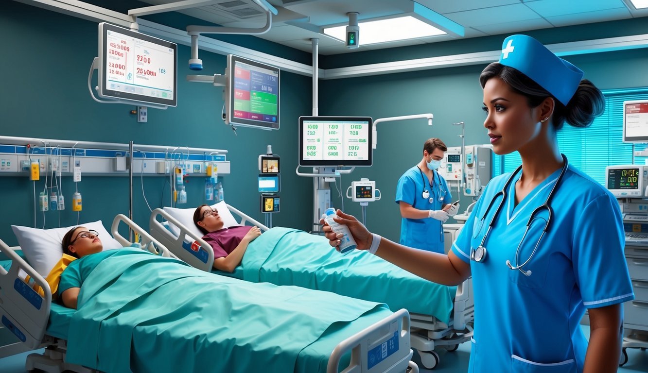 A med-surg nurse monitors multiple patients' vital signs and administers medications in a technologically advanced hospital room