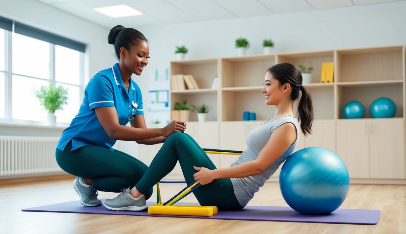 A physical therapist assisting a patient with exercise using resistance bands