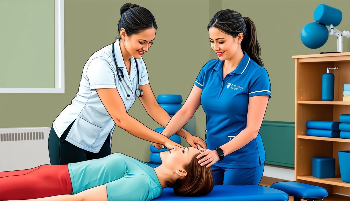 A physical therapy aide assisting a patient with exercises, using equipment and demonstrating proper techniques