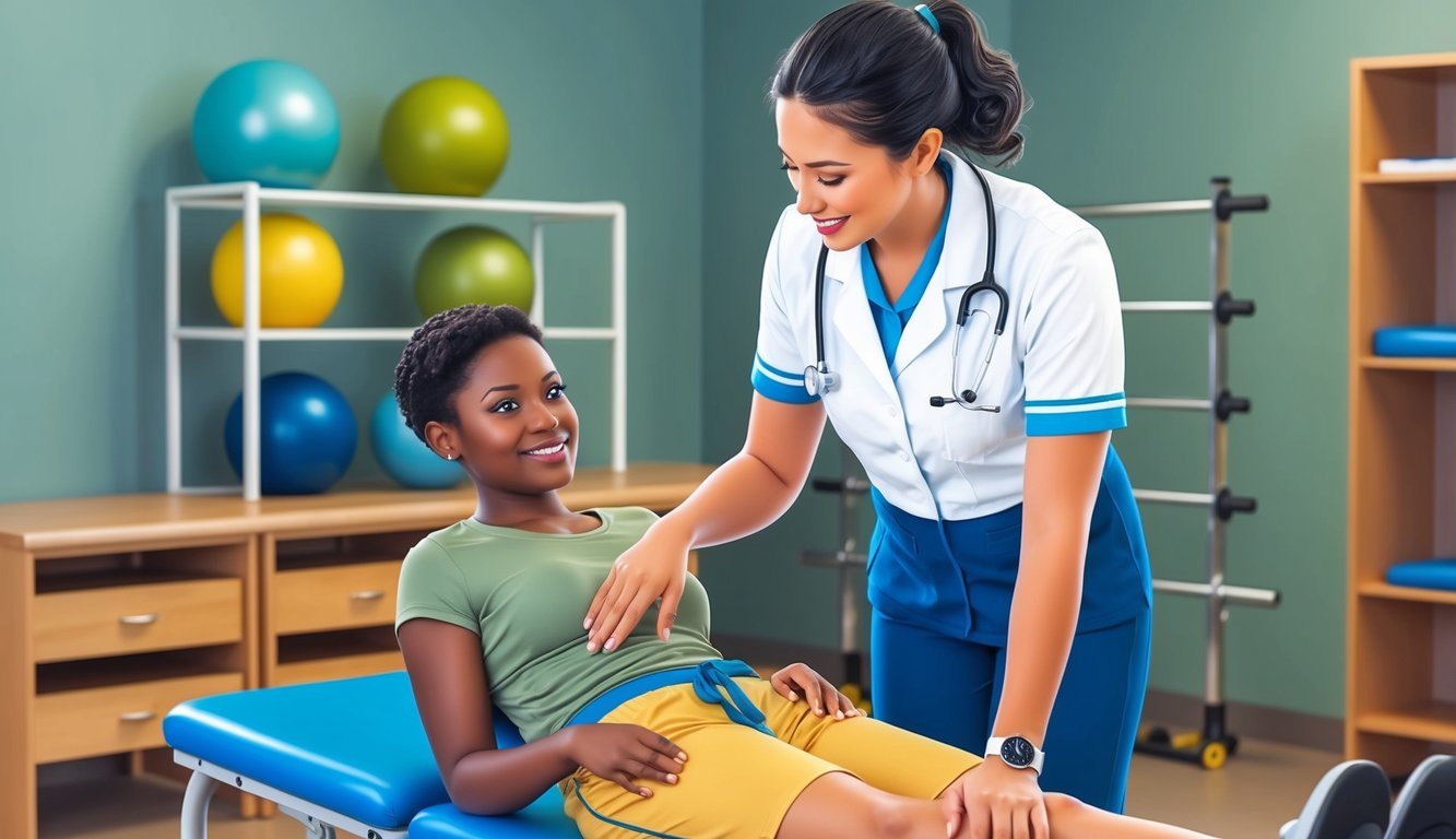 A physical therapy aide assisting a patient with exercises using equipment in a clinic setting