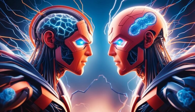 Two futuristic cyborgs face each other, glowing brains and electric energy