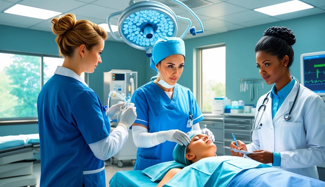 A nurse anesthetist administers anesthesia in an operating room, while a doctor of nursing practice observes and takes notes