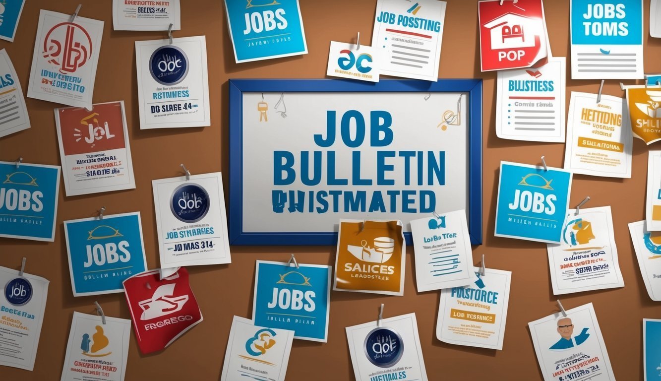 Job bulletin board with various job postings pinned on a brown surface