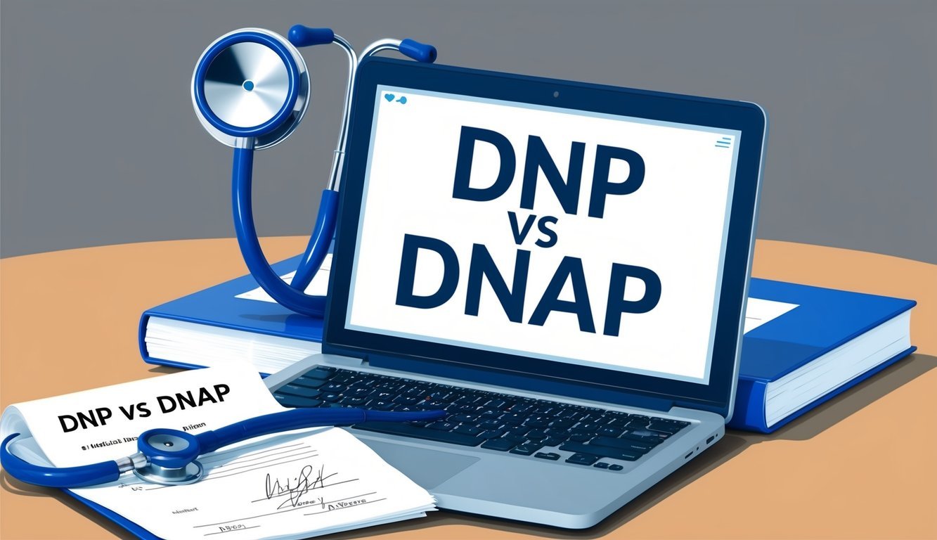 A stethoscope and medical diploma sit next to a laptop displaying "dnp vs dnap" on the screen
