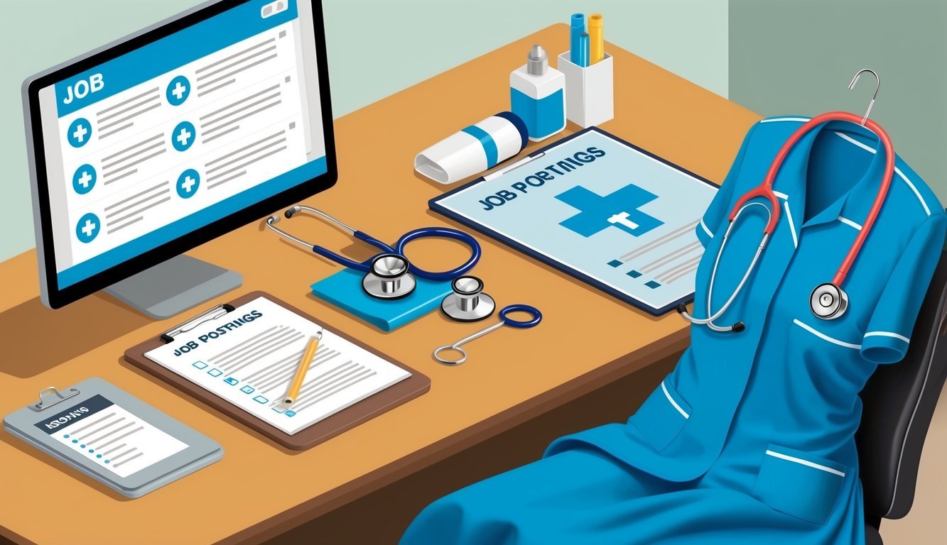 A stethoscope, clipboard, and medical supplies on a desk.</p><p>A nursing uniform draped over a chair.</p><p>A computer screen displaying job postings