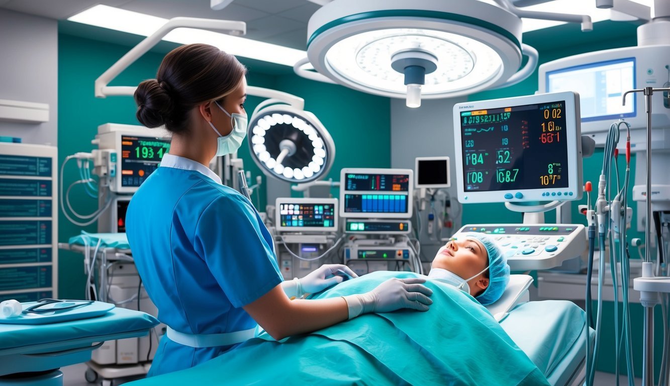 A nurse anesthetist monitoring patient vital signs in a modern operating room filled with advanced medical equipment
