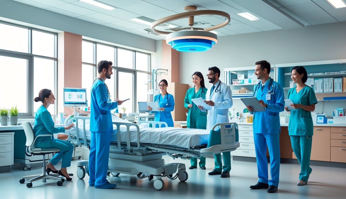 A bustling hospital with dnp and dnap professionals collaborating in a modern, well-equipped healthcare setting