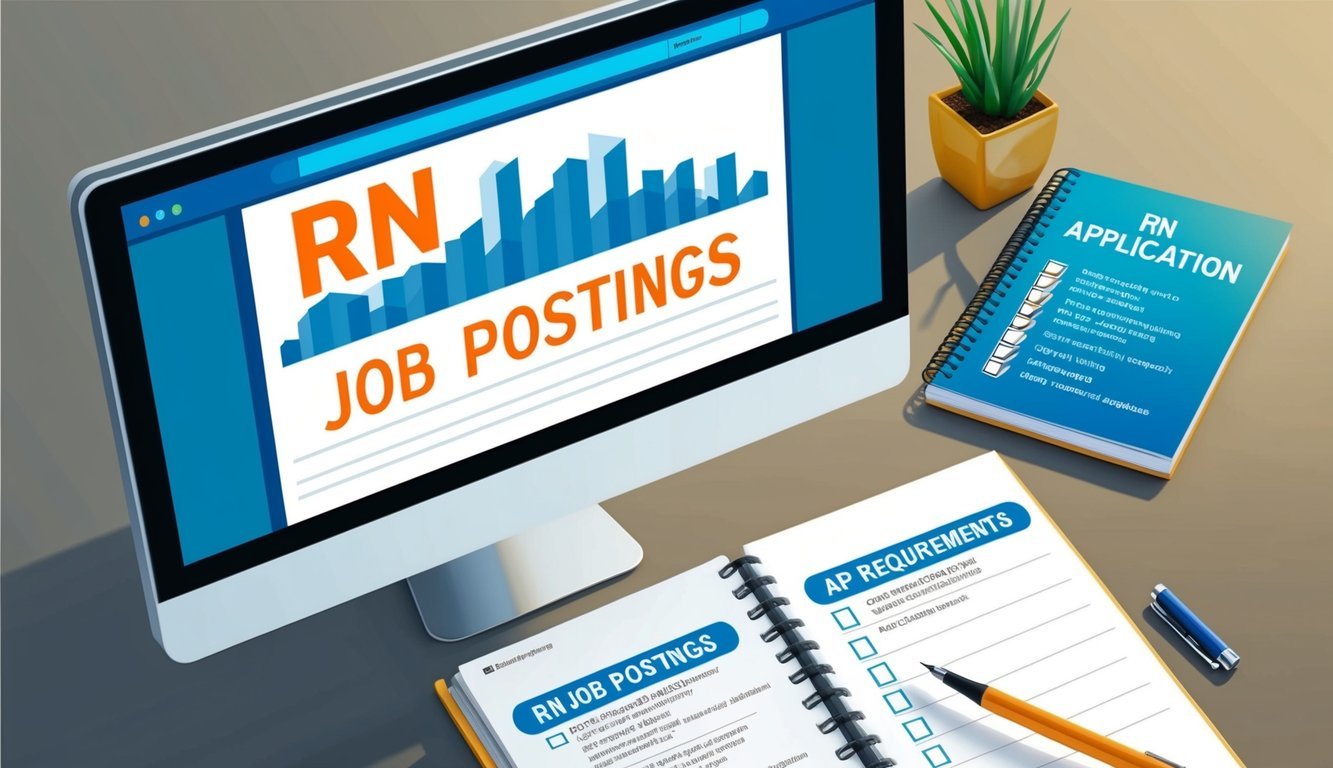 A desk with a computer displaying RN job postings, a pen, and a notebook with a checklist of application requirements