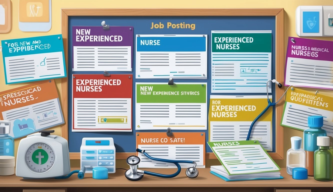A bulletin board filled with colorful job postings for new and experienced nurses, surrounded by medical equipment and a stethoscope