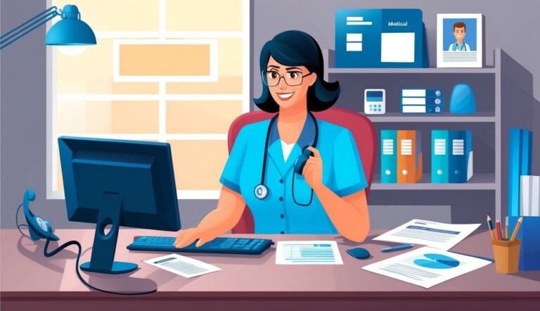 Female doctor in blue scrubs working at a desk with computer