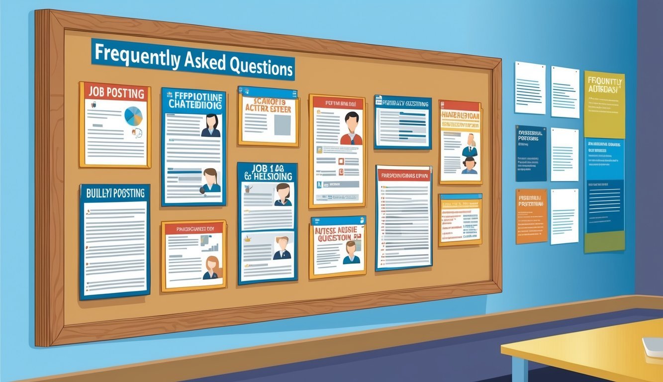 A bulletin board with multiple job postings and a section labeled "Frequently Asked Questions" prominently displayed